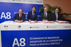 Signature bretelle Beausoleil - From left to right: Jean-Claude Guibal, President of the French Riviera Conurbation Community; Charles Ange Ginesy, President of the Alpes-Maritimes Departmental Council; Serge Telle, Minister of State of the Principality, and Blaise Rapior, Director General of the ESCOTA Network at VINCI Autoroutes © Government Communication Department/Stéphane Danna