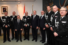 Voeux  DSP 2017 - Surrounding H.S.H. the Sovereign Prince, from left to right: Mr Laurent Braulio, Superintendent, Head of Urban Policing Division; Mr Christophe Haget, Chief Superintendent, Head of Criminal Investigation Division; Mr Patrice Cellario, Minister of the Interior; Mr Richard Marangoni, Police Commissioner; H.E. Mr Serge Telle, Minister of State; Mr Régis Bastide, Superintendent, Head of Administration and Training Division; Mr Rémy Le Juste, Superintendent, Head of Administrative Police Division and Mr Patrick Reynier, Chief Constable, Head of Marine and Airport Police Division © Government Communication Department / Manuel Vitali