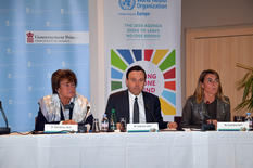 Conf oms - From left to right:  Dr. Zsuzsanna Jakab, Regional Director of WHO Europe;  Stéphane Valeri, Minister of Health and Social Affairs and Geneviève Berti, Director of Communication ©Government Communication Department/Charly Gallo