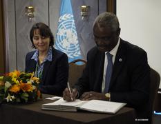 Accobams signature - Ms. Descroix-Comanducci, Executive Secretary of the Agreement on the Conservation of Cetaceans in the Black Sea, Mediterranean Sea and Contiguous Atlantic Area (ACCOBAMS), and Mr. Ibrahim Thiau, Deputy Executive Director of the United Nations Environment Programme©ACCOBAMS