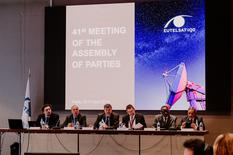 Assemblée des Parties.©Eutelsat-IGO - From left to right: Alexandre Vallet, Chief of the Space Services Department, Radiocommunication Bureau at the International Telecommunication Union; Jean-François Bureau, Director of Institutional and International Affairs at Eutelsat S.A.; Frédéric Labarrère, Chair of the EUTELSAT IGO Assembly of Parties; Piotr Dmochowski-Lipski, Executive Secretary of EUTELSAT IGO; Patrick Masambu, Director General of the International Telecommunications Satellite Organization (ITSO), Captain Moin Ahmed, Director General of the International Mobile Satellite Organization (IMSO). Photo credit: @Eutelsat-IGO