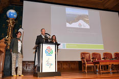 Colloque Ramoge - Robert Calcagno, Director of the Oceanographic Museum, with Anne Vissio, Executive Secretary of the RAMOGE Agreement, on the left, and Fannie Dubois, Executive Secretary of the Pelagos Agreement, on the right © Government Communication Department/Manuel 