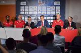 Conf presse 2019 - Media day basket - De gauche à droite : Dee Bost, Capitaine de l’équipe, Sasa Obradovic, Entraîneur de la Roca Team, Patrice Cellario, Conseiller de Gouvernement-Ministre de l’Intérieur, Oleksiy Yefimov, Directeur Exécutif de l’A.S. Monaco Basket, et Kim Tillie, nouvelle recrue de la Roca Team, Paul Masseron, Vice-Président de l’A.S. Monaco Basket ©Manuel Vitali - Direction de la Communication
