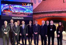 Délégation Auschwitz - From left to right:  Mikhal Amsellem, Honorary President of the Jewish Cultural Association of Monaco;  Tomasz Wardyński, Honorary Consul of Monaco in Warsaw;  Jacques Wolzok, President of the Commission for Assistance to Victims of Spoliation;  Małgorzata Wende-Wardyńska;  Laurent Anselmi, Minister of Foreign Affairs and Cooperation;  Mr. Daniel Torgmant, Rabbi of Monaco;  H.E. Mr. Frédéric Labarrère, Ambassador to the Federal Republic of Germany;  Lorenzo Ravano, Chargé d'affaires a.i. to the Republic of Poland;  Bruno Lamour, Teacher at the Lycée Albert Ier;  Giuseppe Caminiti, a student at the Lycée Albert I;  and Mistral Zerbi, a student at the Lycée François d'Assise-Nicolas Barré ©DR