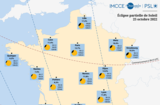 Eclipse solaire 25 octobre - Aspect apparent de l’éclipse partielle de Soleil du 25 octobre 2022pour plusieurs villes de France, dans le repère local de l’observateur (IMCCE) Eclipse solaire 25 octobre - Aspect apparent de l’éclipse partielle de Soleil du 25 octobre 2022pour plusieurs villes de France, dans le repère local de l’observateur (IMCCE)