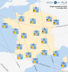 Eclipse solaire 25 octobre - Aspect apparent de l’éclipse partielle de Soleil du 25 octobre 2022pour plusieurs villes de France, dans le repère local de l’observateur (IMCCE)
