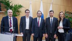 eutelsat - Christian Roisse, outgoing Executive Secretary of Eutelsat-IGO (France), Rodolphe Belmer, Director General of Eutelsat S.A., Mr. Piotr Dmochowski-Lipski, Elected Executive Secretary of Eutelsat-IGO (Poland), Frédéric Labarrère, President of the Assembly of Parties of Eutelsat-IGO (Monaco) and Ivana Stankovic, Vice-President (Serbia). 