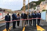 Inauguration de la nouvelle voie de passage Nouveau CHPG - S.A.S. le Prince Souverain entouré (de gauche à droite) de Didier Gamerdinger, Pierre Dartout, Marie-Pierre Gramaglia, Benoîte de Sevelinges, Jean-Luc Nguyen, Directeur des Travaux Publics, Stéphane Valeri et Georges Marsan. ©Direction de la Communication : Manuel Vitali