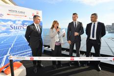 Inauguration Panneaux solaires MCB - De gauche à droite : Frédéric Darnet, Directeur du Monte-Carlo Bay ; Marie-Pierre Gramaglia, Conseiller de Gouvernement-Ministre de l’Equipement, de l’Environnement et de l’Urbanisme ; Thomas Battaglione, Administrateur Directeur Général de la SMEG et Achour Daira, Directeur Technique du Monte-Carlo Bay ©Direction de la Communication/Michael Alesi