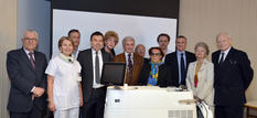 laser CHPG - From left to right: Mr André Garino, Chairman of the Board of Directors; Dr Rouquette Vincenti, Head of Anaesthetics and Post-Operative Recovery; Dr Christophe Robino, President of the CHPG Medical Commission; Mr Stéphane Valeri, Minister of Health and Social Affairs; Mrs Isabelle Pappert and Mr Aloys Pappert; Mr Jean-Joseph Pastor; a friend of Mr and Ms Pappert; Dr Hervé Baumert, Head of Urology; Mr Bini, CHPG Director; Mrs Patricia Lamblin and Colonel Lamblin. © Government Media Bureau Charly Gallo