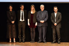 Voir la photo - Légende photo : De gauche à droite : Zabou Breitman,Gilles Marchand, Coup de Cœur des Lycéens, Blandine Rinkel, lauréate de la Bourse de la Découverte, Michel Tremblay, lauréat du Prix Littéraire et Admir Shkurtaj, lauréat du Coup de Cœur des Jeunes Mélomanes.© Direction de la Communication / Charly Gallo