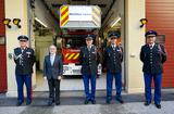 Passation de commandement au Centre de Secours de La Condamine. ©Direction de la Communication-Michael Alesi - De gauche à droite : Le Colonel Tony Varo, Commandant Supérieur de la Force Publique, M. Patrice Cellario, Conseiller de Gouvernement - Ministre de l’Intérieur, l’Adjudant Jean-Christophe Masotti, nouveau Chef du Centre de Secours de La Condamine, le Major Patrice Jacob et le Lieutenant-Colonel, Maxime Yvrard, Chef de Corps des Sapeurs-Pompiers de Monaco. ©Direction de la Communication / Michael Alesi