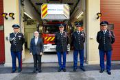 Passation de commandement au Centre de Secours de La Condamine. ©Direction de la Communication-Michael Alesi - From left to right: Colonel Tony Varo, Supreme Commander of the Military Force, Mr Patrice Cellario, Minister of the Interior, Adjutant Jean-Christophe Masotti, the new Chief of La Condamine Emergency Response Centre, Major Patrice Jacob and Lieutenant-Colonel Maxime Yvrard, Chief Officer of the Monaco Fire and Emergency Service. © Government Communication Department / Michael Alesi