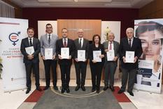 Photo 1 - Signataires Charte égalité femmes hommes au travail - The signatories of the Charter (from left to right):  Philippe Ortelli, President of the Federation of Monegasque Enterprises, on behalf of the affiliated trade unions, Fabien Deplanche, President of the Construction Sector Employers' Chamber, Georges Marsan, Mayor of Monaco, on behalf of the employees of Monaco City Hall, Serge Telle, Minister of State, on behalf of civil servants and State officials, Alberte Escande, President of the Monegasque Hospitality Industry Association, André Garino, President of the Board of Directors of the Princess Grace Hospital, on behalf of the employees of the CHPG, and Etienne Franzi, President of the Monaco Association for Financial Activities. ©Government Communication Department/Manuel Vitali