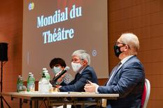 Présentation 37ème édition Mondial du Théâtre de Monaco. ©Direction de la Communciation-Michael Alesi - In the centre, Mr. Patrice Cellario (General Commissioner), on the left, Ms. Béatrice Cellario (Secretary General and President of Le Studio de Monaco) and on the right, Mr. Pierre Cellario (Deputy Secretary General). Government Communication Department/Michael Alesi.