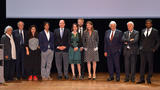 Prix FPP 2016 - S.A.S. le Prince Albert II et S.A.R. la Princesse de Hanovre entourés de gauche à droite de : ADONIS, Frédéric Mitterand, Rosa Barba, Paul Greveillac, Catherine Dousteyssier-Khoze, Johannes-Maria Staud, Jean-Loup Dabadie, Frédéric Vitoux et Dany Lafferrière. ©Direction de la Communication / Charly Gallo