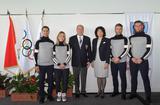 Pyeongchang 2018 - Présentation des athlètes monégasques - De gauche à droite : Olivier Jenot, Alexandra Coletti, S.A.S. le Prince Albert II, S.E. Mme Yvette Lambin-Berti, Rudy Rinaldi et Boris Vain - ©Direction de la Communication - Charly Gallo