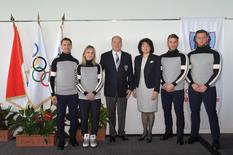 Pyeongchang 2018 - Présentation des athlètes monégasques - De gauche à droite : Olivier Jenot, Alexandra Coletti, S.A.S. le Prince Albert II, S.E. Mme Yvette Lambin-Berti, Rudy Rinaldi et Boris Vain - ©Direction de la Communication - Charly Gallo