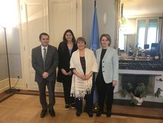 Voir la photo - From left to right: Mr Gilles Realini (First Secretary at Monaco’s Permanent Representation in Geneva), Ms Francesca Casalone (Intern at Monaco’s Permanent Representation in Geneva), Ms Michelle Bachelet (United Nations High Commissioner for Human Rights) and H.E. Ms Carole Lanteri (Ambassador and Permanent Representative of Monaco to the Office of the United Nations in Geneva) - © DR