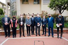 Visite Ministre d'Etat Centre de Coordination Gérontologique - De gauche à droite : Dr Alexandre Bordero, Marie-Piere Gramaglia, Didier Gamerdinger, Dr Sandrine Louchart de la Chapelle, George Marsan, S.E. M. Pierre Dartout, Philippe Migliasso, Stéphane Valeri, Benoîte de Sevelinges. ©Direction de la Communication / Michael Alesi