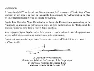 Les membres du Gouvernement ont adressé un message à S.A.S. Le Prince Souverain à l'occasion des 20 ans de Son accession au trône 